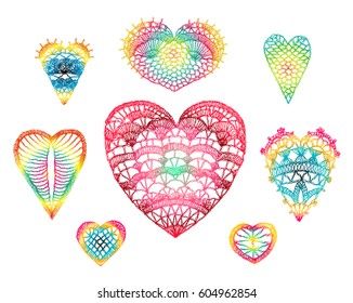 Knitted heart, crafts embroidery. Crochet items with ethnic ornament, lace heart for Valentine, made with love