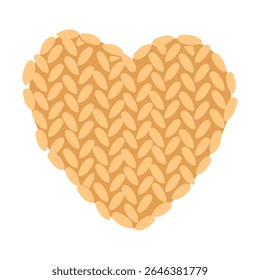Knitted heart made of cotton threads. Knitting, handwork. A cozy atmosphere. A flat colored isolated illustration. For postcards, packaging design, social media posts, prints, and romantic projects