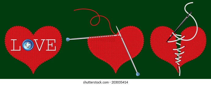 knitted heart on a green background
