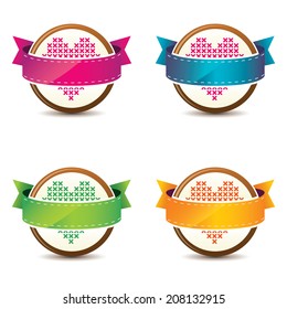 Knitted heart and ribbon on fabric badge. Vector logo design template. 
