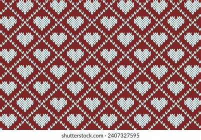 Knitted heart shape on red background seamless pattern design. Vector illustrations for valentine day.