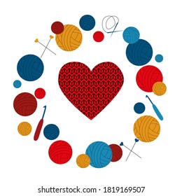 Knitted heart sircled with balls of thread,knitting needle,crochet hook 