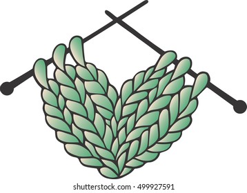 Knitted  heart of wood on needles. Black and white vector illustration isolated on white. Excellent design element for your Valentine cards, flyers and posters.