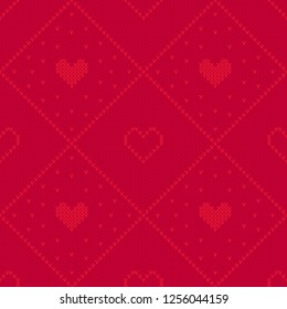 Knitted hearts patchwork design. Subtle Valentines day background pattern. Cute vintage heart design. Seamless vector pattern.