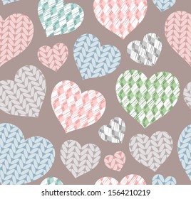 Knitted hearts, seamless pattern, gray, vector. Colorful hearts on a gray field. Simulation of knitted fabric. 