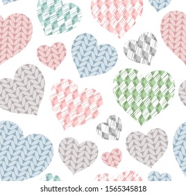 Knitted hearts, seamless pattern, white, vector. Colorful hearts on a white field. Simulation of knitted fabric. 