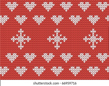 Knitted hearts and snowflakes seamless pattern