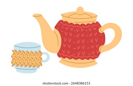 Almofada de aquecimento de malha, tampa para bule de cerâmica e caneca. Atmosfera aconchegante, aquecimento. Feito à mão. Ilustração isolada de cor plana. cartões postais, design de embalagem, postagens de mídias sociais, temas de cuidado e conforto