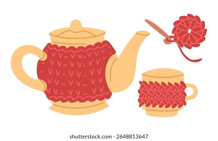 Almofada de aquecimento de malha, tampa para bule de cerâmica, caneca, guardanapo de malha. Atmosfera aconchegante, aquecimento. Feito à mão. Ilustração em cores planas. Cartões postais, embalagens, postagens em mídias sociais, temas de cuidado e conforto