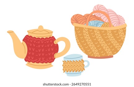 Knitted heating pad, lid for ceramic teapot and mug next to bag filled with yarn. Cozy atmosphere, handmade. Flat color illustration. Postcards, packaging, social media posts, themes of care, comfort