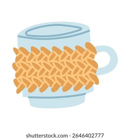 Knitted holder, sweater for a ceramic mug. Cozy atmosphere, warming up. Handmade. Flat color isolated illustration. For postcards, packaging design, social media posts, the theme of care and coziness