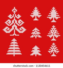 Knitted icons of Christmas trees for drawing greeting cards and advertising for Christmas and New Year.