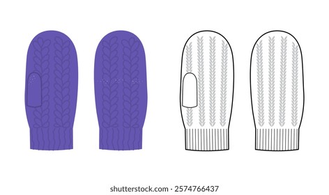 Knitted Igloo One-Fingered Mitten Gloves purple cartoon with flat sketch outline Fashion hand accessory clothing technical illustration garment. Vector for Men, women style on white background