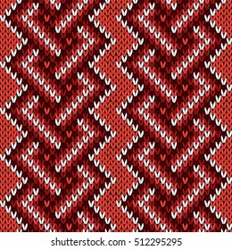 Knitted interwoven geometric pattern in red, brown and white colors, seamless knitting vector pattern as a fabric texture