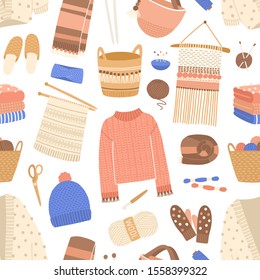 Knitted items flat vector seamless pattern. Knitting and sewing tools texture. Woolen clothes and handmade accessories background. Warm winter garments and apparel vector illustration.