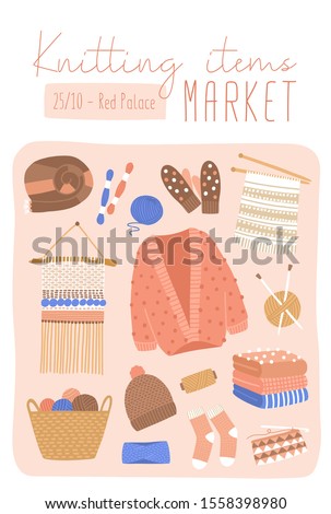 Knitted items market flat poster vector template. Retail store sale invitation. Handmade clothes and craft tools market advertising flyer, banner layout. Decorative stuff illustration.