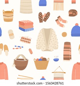 Knitted items vector seamless pattern. Cute and warm winter clothes backdrop. Skein of wool, knitting needles, yarn basket, woolen jumper, hand made scarf and cardigan. Knitwear background.