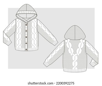 Knitted jacket with hoodie and with braids. Technical sketch.