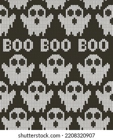 Knitted jacquard ornament with ghost and boo seamless pattern. Halloween vector illustration.