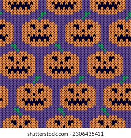 Knitted jacquard ornament with orange pumpkins on purple backgound seamless pattern. Halloween vector illustration.