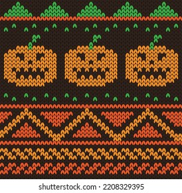 Knitted jacquard ornament with pumpkins seamless pattern. Halloween vector illustration.