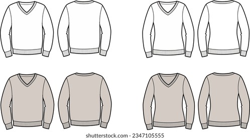 Knitted jumper with long sleeve flat sketch. Sweater apparel design. Front back. Women and men CAD. Technical drawing template. Vector illustration.