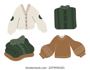 Knitted jumper set vector illustration. Cute cozy sweater with ornament isolated on white background. Warm woolen winter clothing. Hand made knitted stylish item. Apparel piece for cold weather.