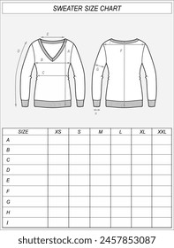 Knitted jumper size chart. Sweater front and back sketch. Clothing measurements. Women CAD mockup. Technical drawing template Vector illustration