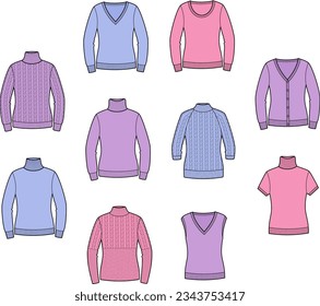 Knitted jumper, sweater, cardigan, vest flat sketch. Set knitwear apparel design. Women CAD mockup. Technical drawing template. Vector illustration.