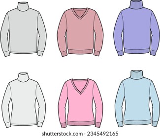 Knitted jumper, sweater, turtleneck flat sketch. Sweater apparel design. Men and women CAD mockup. Technical drawing template. Vector illustration.