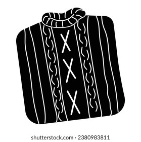 Knitted jumper vector illustration. Cute cozy sweater with ornament isolated on white background. Warm woolen winter clothing. Hand made knitted stylish item. Apparel piece for cold weather.