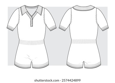 Knitted jumpsuit v-neck with shorts and buttons. Technical scketch.