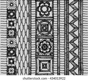Knitted lace, lace pattern crochet, macrame. Floral seamless pattern with a fringe border knitted or woven macrame in boho style, chevron