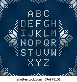 Knitted Latin Alphabet on Seamless Background. Vector Knitting Texture. Nordic Fair Isle Knitted Sweater Design