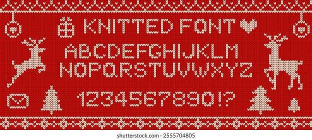 Knitted letters and digits font icons and elements vector illustrations on red background. Cute design for Christmas celebration elements collection