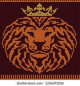 Knitted lion head pattern with crown on black background