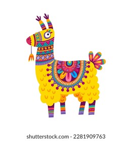 Knitted llama toy with flowers print in ethnic design, kids toy. Vector cartoon llama or cute alpaca, comic peruvian animal, peruvian decoration on neck