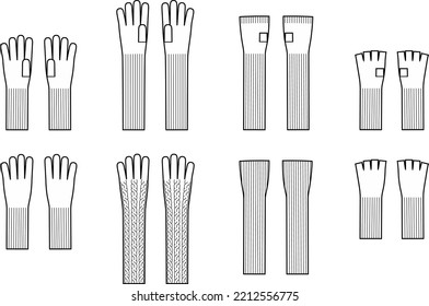 Knitted long gloves set flat sketch. Knit accessory apparel design. Front and back. Knitwear CAD mockup. Technical drawing template. Vector illustration.