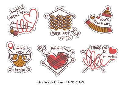 Knitted with love, thank you for order, limited design. Isolated stickers and badges for handmade products. Accessories or warm winter clothes, hats and scarves made of threads. Vector in flat style