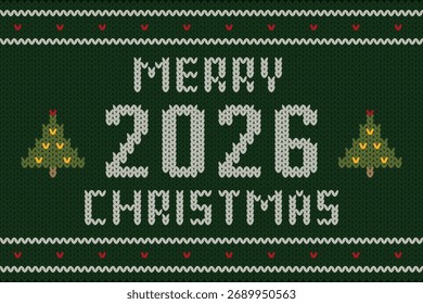 Knitted Merry Christmas 2026 Pattern in Green. Green knitted fabric background with “Merry Christmas 2026” lettering and holiday decorative trees.