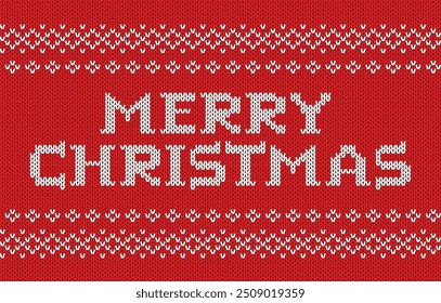 Knitted Merry Christmas greeting  on geometric ornament with abstract snowflakes. Seamless pattern. Red and white handmade knitted background with words. Nerdy vibe, ugly sweater design element