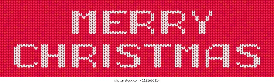 Knitted Merry Christmas quote on red background. Vector