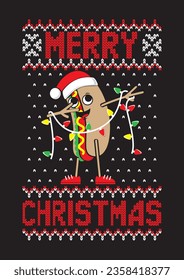 Knitted merry christmas text. Hot dog in santa's hat and with lights in hand. Christmas vector illustration.