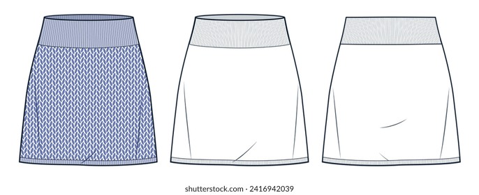 Knitted mini Skirt technical fashion illustration, knit seamless pattern.  Jersey Skirt fashion technical drawing template, mini length, front, back view, white, lilac color, women CAD mockup set.