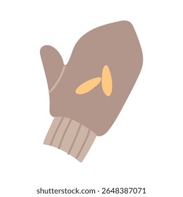 De malha mitten um. Marrom com desenhos amarelos. Atmosfera aconchegante. Feito à mão. Ilustração isolada de cor plana. Para cartões postais, design de embalagens, posts de mídias sociais, temas de cuidado e aconchego