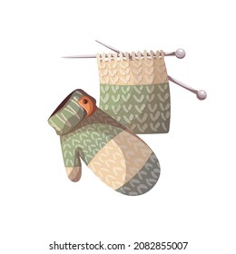 Knitted mitten. Warm clothes, Merry Christmas, cozy winter, New Year concept. Isolated vector illustration for poster, banner, cover, card.