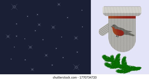 Knitted mittens, bullfinch, spruce branch - dark blue background - vector. Banner. A Christmas gift. Winter holidays svg