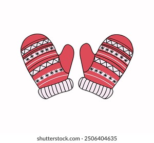 Knitted mittens with Christmas ornament. Warm cozy knitted clothes. Handicraft, handmade. Autumn, winter season. Illustration on isolated background.