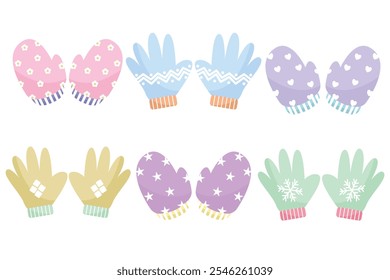 Knitted mittens and gloves set. Children and adults winter accessories. Cute cartoon vector illustration.