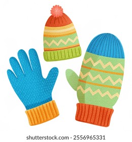 Knitted mittens and gloves set. Children and adults winter accessories vector illustration and white background. Cute cartoon vector